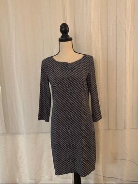 Armani Exchange Navy and White Diagonal-Pattern Long Sleeve Shift Dress